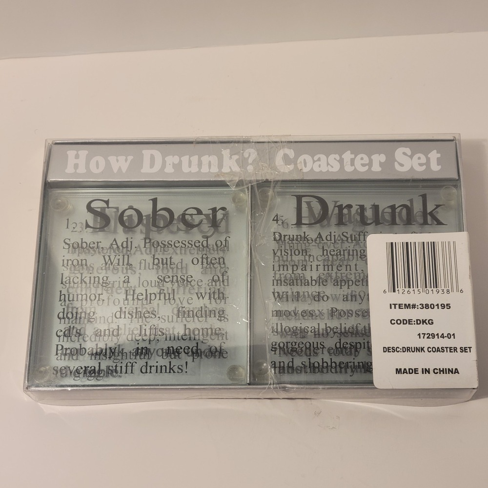 Kikkerland New In Box Glass Coasters How drunk are you? Set of 6 Barware